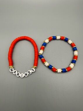 Marines Beaded Stretch Bracelet Set - Red, White & Blue - Handmade #B0465T
